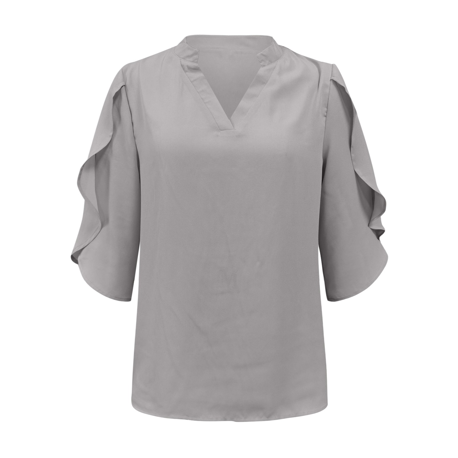 thumbnail image 4 of Nuevos tops de manga petal para mujer: blusa holgada de gasa con cuello en V y detalles plisados, mangas tres cuartos para el trabajo en verano o salidas informales., 4 of 5